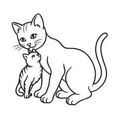 Cat licking kitten clean in soft caring action on white background Vector illustration