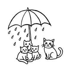 Cat holding umbrella over kittens during rainy day on white background Vector illustration