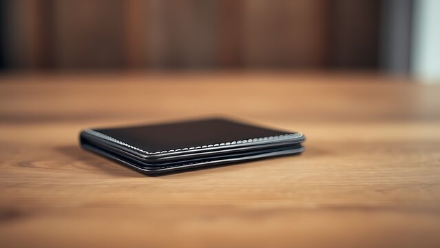 A sleek wallet lies on a wooden surface, highlighted by warm ambient lighting in a minimalist setting.