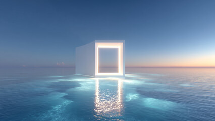 Floating Neon Square Above the Ocean