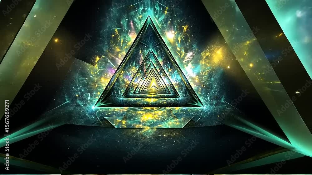 Poster abstract geometric design featuring luminous triangles and vibrant colors in a cosmic setting