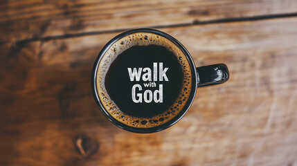 Top down cup black coffee words walk with God wooden table 