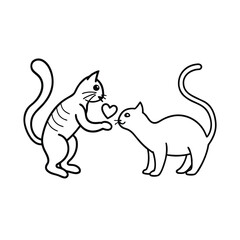 Cat offering fish to friend with tail forming heart on white background Vector illustration