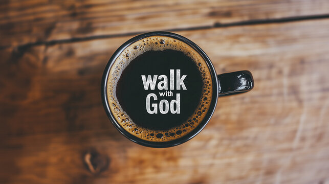 Top down cup black coffee words walk with God wooden table 