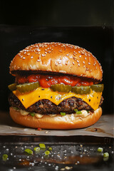 beef hamburger on black background