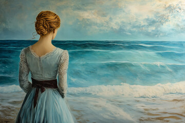 Woman seen from behind gazing at the ocean