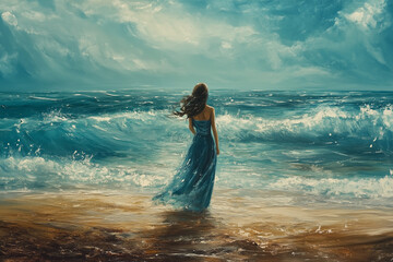 Woman seen from behind gazing at the ocean
