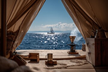 Coastal Breeze Through Tent Entrance with Sailboat and Coffee Maker at Seaside Location