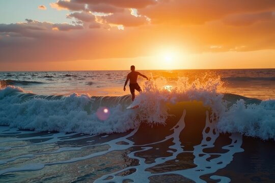 Sunset Surfing: Aerial Drone Capture of a Surfer Riding the Waves