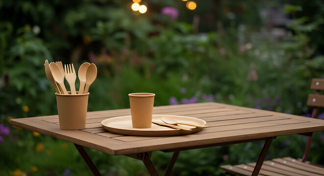 Eco-Friendly Disposable Cutlery and Cups on Wooden Table in Garden Setting