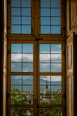 Fototapeta premium Turin, Italy July, 21st, 2025. Villa della Regina, the Queens Villa, on the hills of Turin is now closed for restoration. View above Turin from a window.