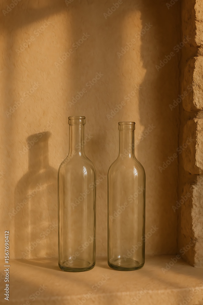 Poster two clear glass bottles stand side-by-side, illuminated by warm, diffused light, creating shadows.