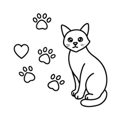 Cat beside paw print made of tiny heart symbols on white background Vector illustration