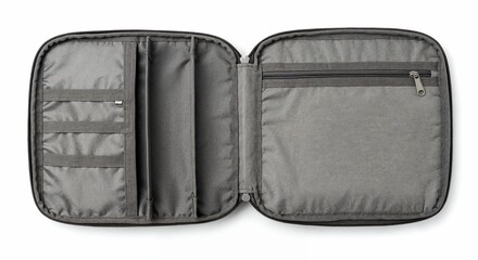 Open underwear travel organizer bag isolated on white, top-down view, detailed fabric and dividers