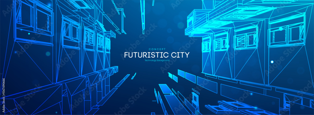Poster 3d digital city building with neon line technology and smart construction background. futuristic ai 