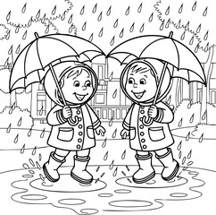 Children Jumping in Rain Puddles Line Art Vector Illustration