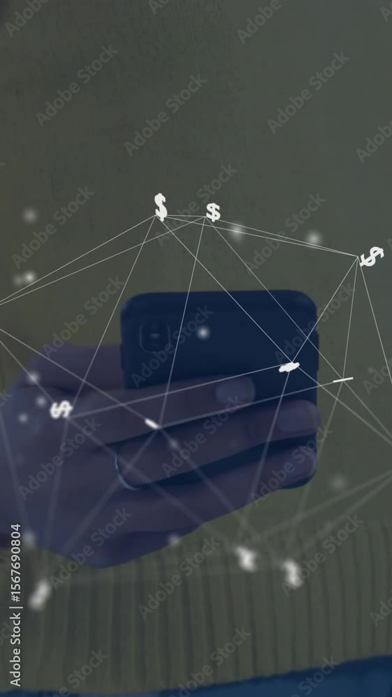 Poster animation of globe with connections over caucasian man using smartphone