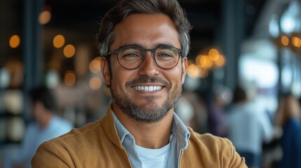 Fototapeta premium Smiling representative portrait in a modern cafe setting with ample space for text overlay