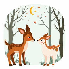 Two cartoon deer looking at each other under the moon and stars  