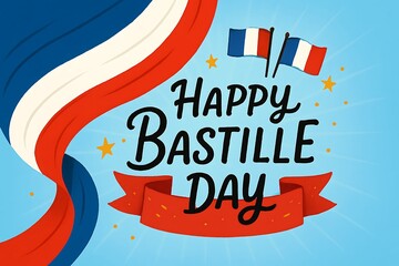 Festive French National Day Celebration with Happy Bastille Day Text French Flags and Vibrant Decorations for National Pride Bastille Day Background