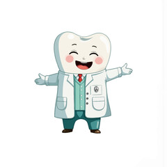 Obraz premium Cartoon tooth character smiling and wearing a dentist coat 