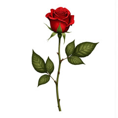 Red rose flower with green leaves on white background  