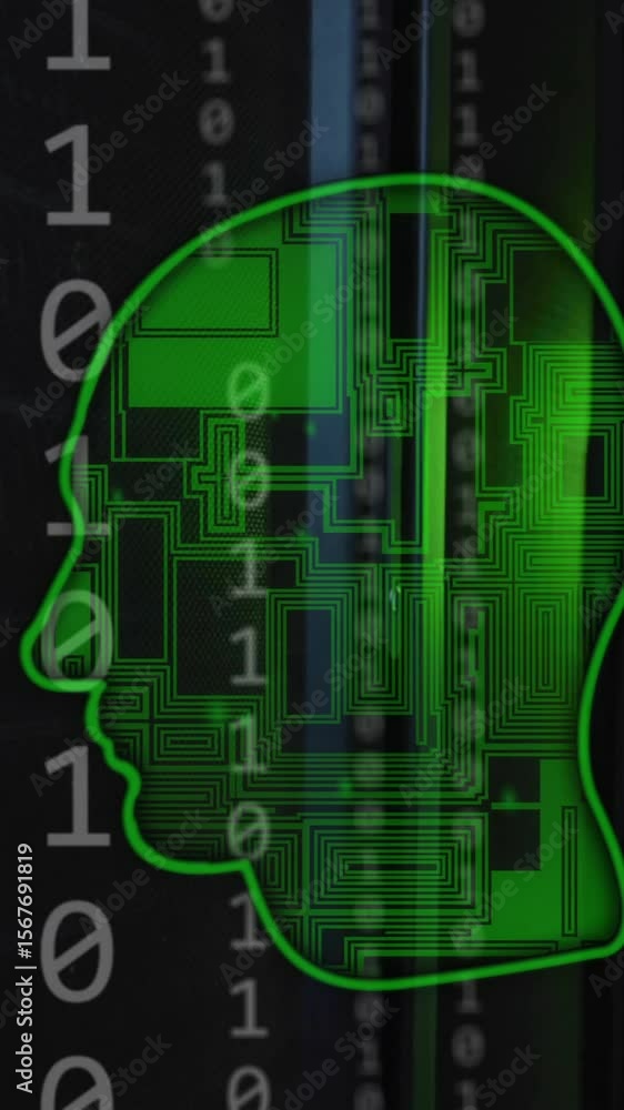 Poster animation of head, binary coding data processing over computer servers