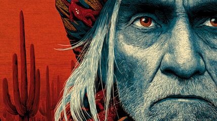 A powerful, stylized portrait of a wise Native American elder against a stark red desert background. A dramatic illustration of wisdom and resilience.