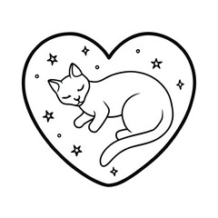 Peaceful cat resting inside star heart shaped frame on white background Vector illustration