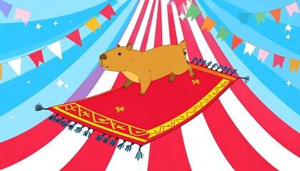 Obraz premium Adorable Cartoon Capybara on Magic Carpet in Colorful Circus Tent with Festive Decorations