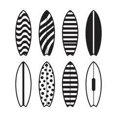 Eight Black and White Surfboard Designs Wave Stripes Polka Dots Solid Color Patterns Summer Beach Themed Branding Graphics
