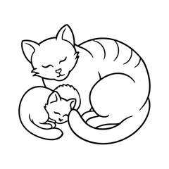 Cat sleeping while warming kittens beneath body curl on white background Vector illustration