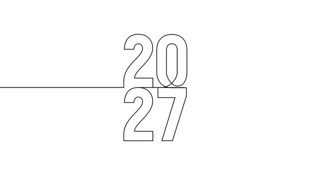 2027 year continuous line art clip self drawing animation on white black background. vertically single one line art outline illustration 2027 year numbers video