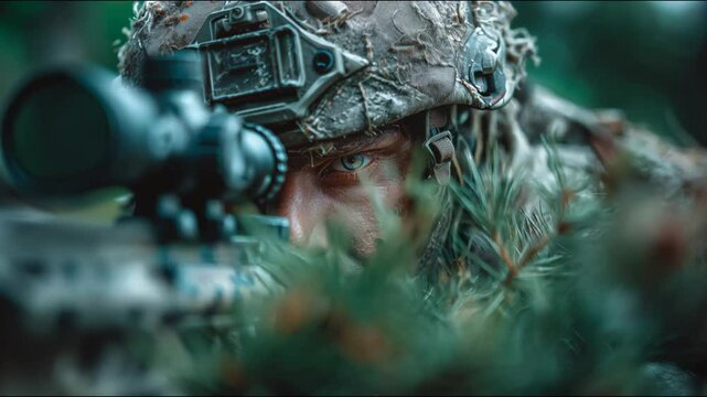 A soldier in camouflage takes aim through a telescopic sight, hides in dense bushes and watches the target intently