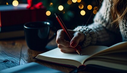 Woman writing in daily journal in a cozy, warmly lit room with holiday lights and hot drink, symbolizing mindfulness and creativity