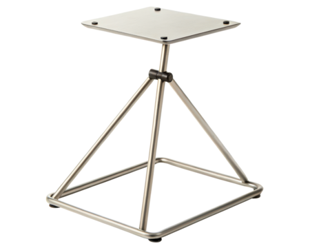Modern metal speaker stand with a pyramidal tripod base on a transparent background
