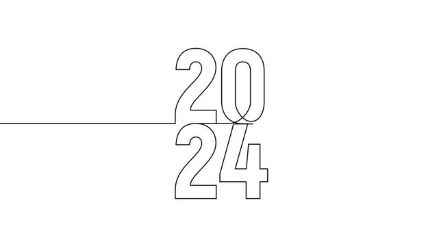 2024 year continuous line art clip self drawing animation on white black background. vertically single one line art outline illustration 2024 year numbers video