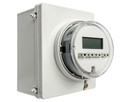 White electricity meter in a plastic box with a clear cover on a transparent background