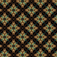 Abstract Floral Seamless Pattern with Ornate Gold and Blue Details