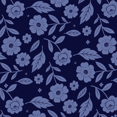 Seamless Black and White Floral Pattern with Leaves and Blossoms