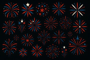 Geometric firework patterns in red blue and white vibrant celebration design perfect for patriotic events like Bastille Day or 4th of July Bastille Day Background
