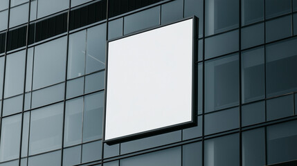 Urban billboard mockup on glass building facade with empty white square panel. Blank display for outdoor advertising and branding