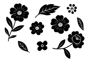Black Silhouette Floral Elements Including Flowers and Leaves on White Background