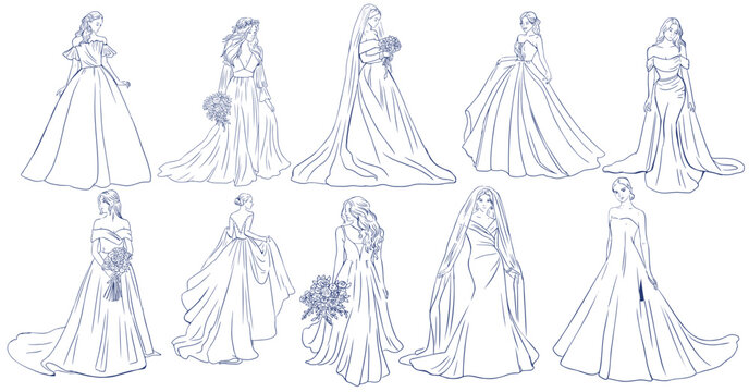 Elegant Brides in Wedding Dresses – Hand Drawn Minimalist Line Art Clipart Set of Fashion Bridal Gowns and Silhouettes - Powered by Adobe