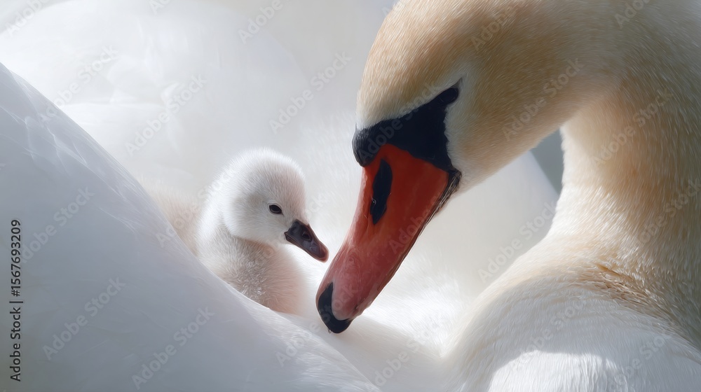 Poster a serene moment between a swan and its cygnet. the soft feathers and gentle expressions capture a bo