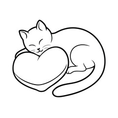 Curled cat sleeping on heart shaped pillow peacefully on white background Vector illustration