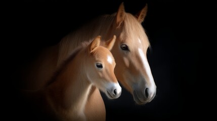 Obraz premium A stunning close-up of a mother horse and her foal. This image captures their gentle expressions and strong bond. Perfect for nature lovers and animal enthusiasts. AI