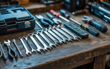 A variety of tools are neatly arranged on a weathered wooden surface with even lighting and clearly visible textures and details