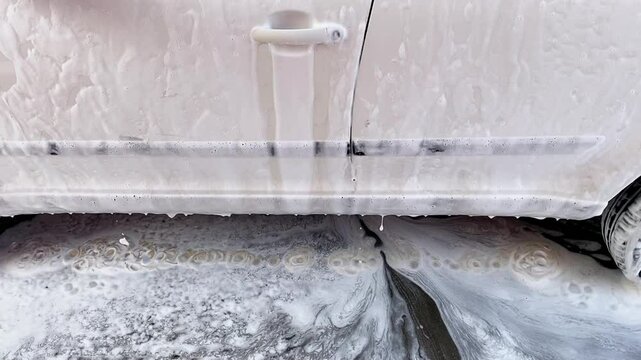 Experience an exceptionally thorough car wash as rich foam soap envelops the vehicles body, showcasing the meticulous detailing process along with effective and efficient cleaning methods