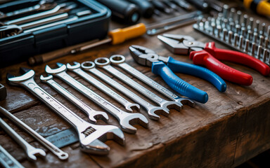 Fototapeta premium A variety of tools are neatly arranged on a weathered wooden surface with even lighting and clearly visible textures and details